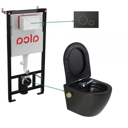 Vase WC - Set vas wc suspendat cu functie bideu si baterie inclusa auriu mat Foglia Oslo, rezervor incastrat si clapeta negru mat cu detalii aurii, Alcadrain