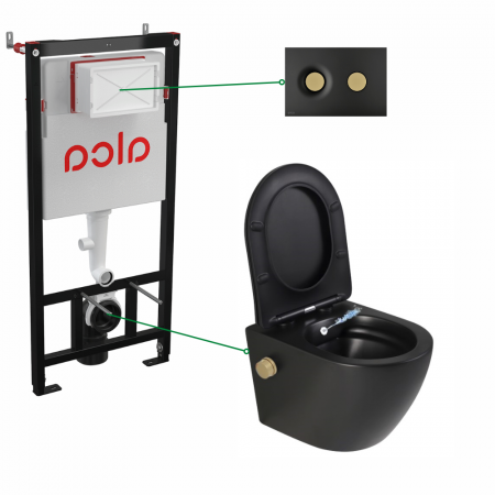 Seturi vas WC suspendat cu rezervor incastrat si clapeta - Set vas wc suspendat cu functie bideu si baterie inclusa auriu mat Foglia Oslo, rezervor incastrat si clapeta negru mat cu butoane aurii, Alcadrain