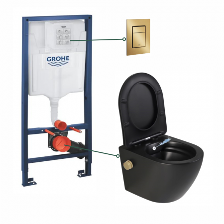Provocarea mintii - ghicitori cu reduceri - Set vas wc suspendat cu functie bideu si baterie inclusa auriu mat Foglia Oslo, rezervor wc incastrat si clapeta auriu periat, Grohe