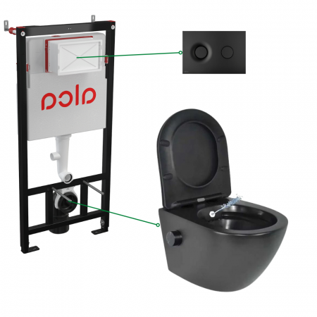 Vase WC - Set vas wc suspendat cu functie bideu si baterie inclusa Foglia Oslo, rezervor incastrat si clapeta negru mat, Alcadrain