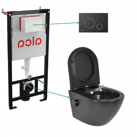 Seturi vas WC suspendat cu rezervor incastrat si clapeta - Set vas wc suspendat cu functie bideu si baterie inclusa Foglia Oslo, rezervor incastrat si clapeta negru mat cu detalii argintii, Alcadrain