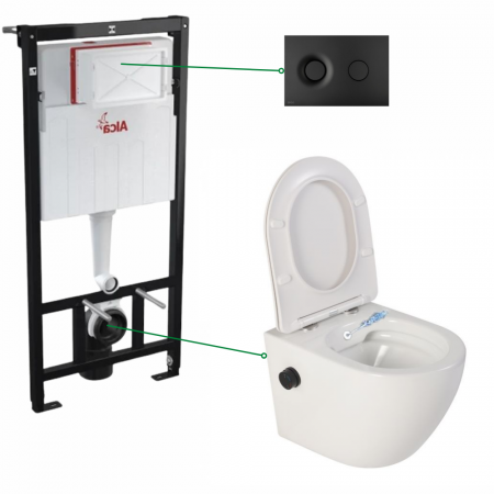Seturi vas WC suspendat cu rezervor incastrat si clapeta - Set vas wc suspendat cu functie bideu si baterie negru mat inclusa Foglia Oslo, rezervor incastrat si clapeta negru mat, Alcaplast