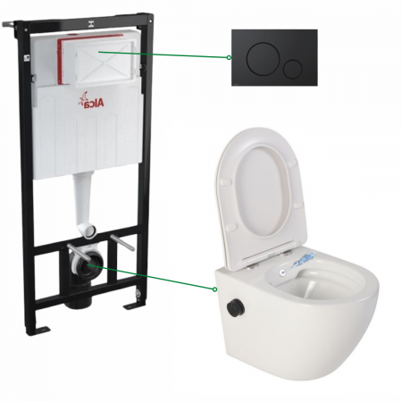 Seturi vas WC suspendat cu rezervor incastrat si clapeta - Set vas wc suspendat cu functie bideu si baterie negru mat inclusa Foglia Oslo, rezervor incastrat si clapeta negru mat, Alcaplast