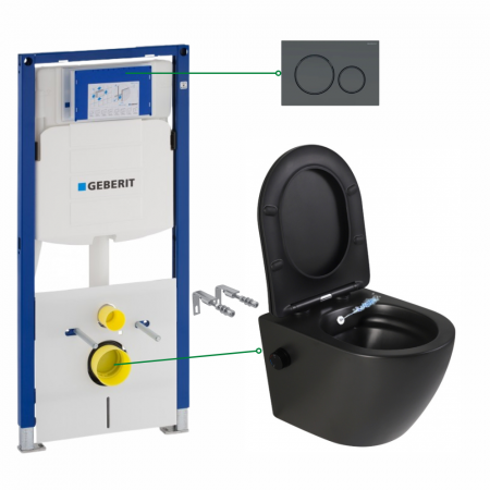 Seturi vas WC suspendat cu rezervor incastrat si clapeta - Set vas wc suspendat cu functie bideu si baterie inclusa Foglia Oslo, rezervor wc incastrat si clapeta negru mat, Geberit Sigma