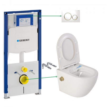 Seturi vas WC suspendat cu rezervor incastrat si clapeta - Set vas wc suspendat cu functie bideu si baterie auriu mat inclusa Foglia Oslo, rezervor wc incastrat si clapeta alb lucios, Geberit Sigma