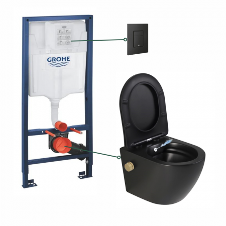 Seturi vas WC suspendat cu rezervor incastrat si clapeta - Set vas wc suspendat cu functie bideu si baterie inclusa auriu mat Foglia Oslo, rezervor incastrat Grohe Solido 3 in 1