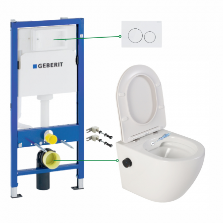 Seturi vas WC suspendat cu rezervor incastrat si clapeta - Set vas wc suspendat cu functie bideu si baterie negru mat Foglia Oslo, rezervor incastrat si clapeta alb lucios, Geberit Delta