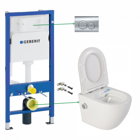 Seturi vas WC suspendat cu rezervor incastrat si clapeta - Set vas wc suspendat cu functie bideu si baterie crom Foglia Oslo, rezervor incastrat si clapeta crom lucios, Geberit Delta