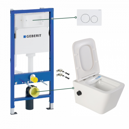 Seturi vas WC suspendat cu rezervor incastrat si clapeta - Set vas wc suspendat cu functie bideu si baterie negru mat Foglia Safari, rezervor incastrat si clapeta alb lucios, Geberit Delta