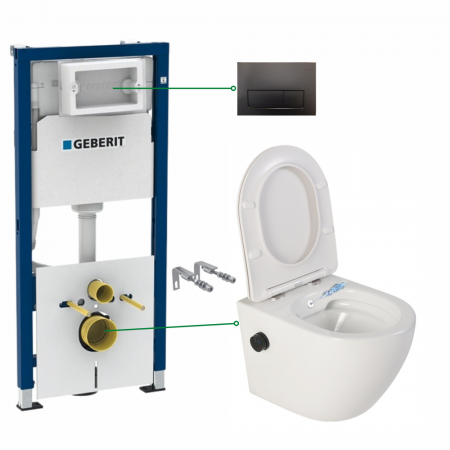 Seturi vas WC suspendat cu rezervor incastrat si clapeta - Set vas wc suspendat cu functie bideu si baterie negru mat Foglia Oslo, rezervor wc incastrat si clapeta negru lucios Geberit Duofix