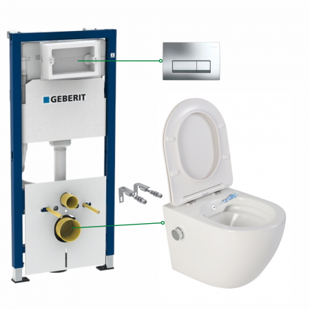 Seturi vas WC suspendat cu rezervor incastrat si clapeta - Set vas wc suspendat cu functie bideu si baterie crom Foglia Oslo, rezervor wc incastrat si clapeta crom lucios, Geberit Delta 51