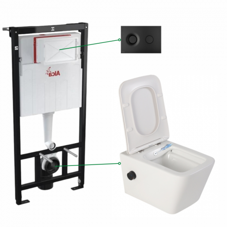 Seturi vas WC suspendat cu rezervor incastrat si clapeta - Set vas wc suspendat cu functie bideu si baterie negru mat inclusa Foglia Safari, rezervor incastrat si clapeta negru mat, Alcaplast