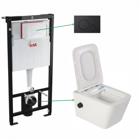 Seturi vas WC suspendat cu rezervor incastrat si clapeta - Set vas wc suspendat cu functie bideu si baterie negru mat inclusa Foglia Safari, rezervor incastrat si clapeta negru mat, Alcaplast