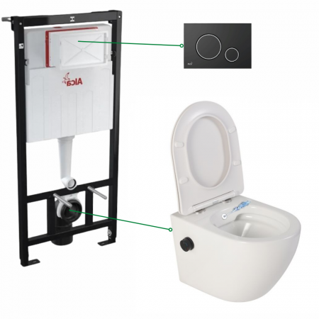 Vase WC - Set vas wc suspendat cu functie bideu si baterie inclusa Foglia Oslo, rezervor incastrat si clapeta negru mat cu detalii argintii, Alcaplast