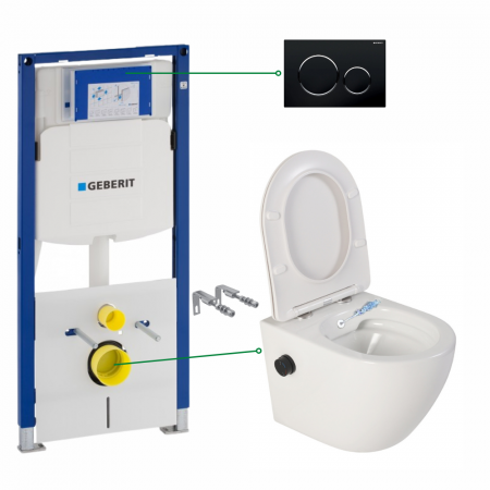 Seturi vas WC suspendat cu rezervor incastrat si clapeta - Set vas wc suspendat cu functie bideu si baterie negru mat inclusa Foglia Oslo, rezervor wc incastrat si clapeta negru lucios, Geberit Sigma