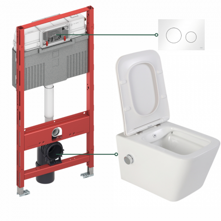 Seturi vas WC suspendat cu rezervor incastrat si clapeta - Set vas wc suspendat cu functie bideu si capac soft close, baterie crom, Foglia Safari, rezervor incastrat TECEprofil si clapeta actionare alba TECE Loop