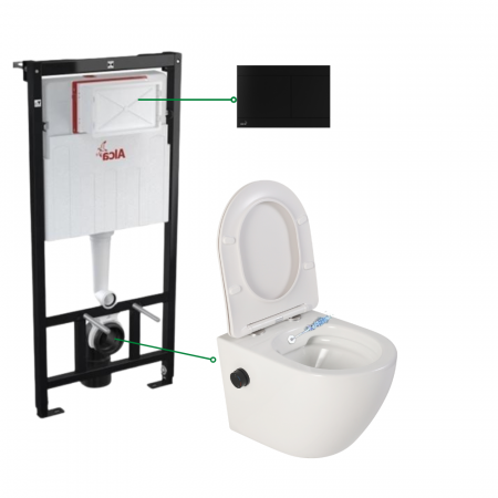 Seturi vas WC suspendat cu rezervor incastrat si clapeta - Set vas wc suspendat cu functie de bideu si baterie negru mat inclusa Foglia Oslo si rezervor wc si clapeta aluminiu negru mat, Alcaplast
