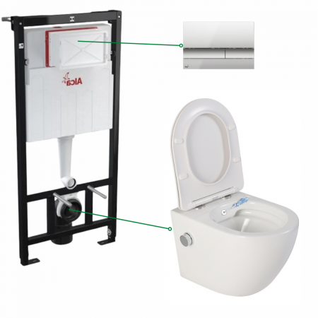 Seturi vas WC suspendat cu rezervor incastrat si clapeta - Set vas wc suspendat cu functie de bideu Foglia Oslo si rezervor wc incastrat cu clapeta crom mat, Alcadrain