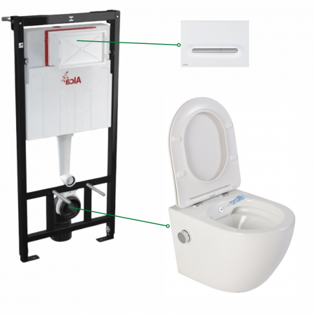 Seturi vas WC suspendat cu rezervor incastrat si clapeta - Set vas wc suspendat cu functie de bideu Foglia Oslo si rezervor wc incastrat cu clapeta alb mat/crom mat, Alcadrain
