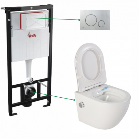 Seturi vas WC suspendat cu rezervor incastrat si clapeta - Set vas wc suspendat alb cu functie bideu si baterie crom mat Foglia Oslo, rezervor wc incastrat si clapeta crom mat, Alcadrain