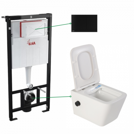 Seturi vas WC suspendat cu rezervor incastrat si clapeta - Set vas wc suspendat cu functie de bideu si baterie negru mat inclusa Foglia Safari, rezervor wc si clapeta aluminiu negru mat, Alcaplast