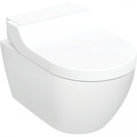 Vase WC - Set vas wc suspendat cu functie de bideu si capac soft close cu ornament din sticla alba, Geberit AquaClean Tuma Comfort