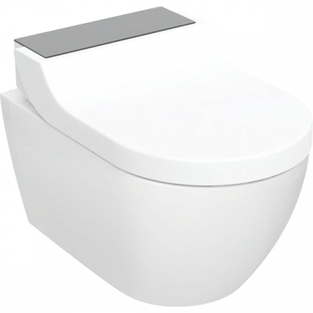 Vase WC - Set vas WC suspendat cu functie de bideu si capac soft close, ornament din sticla neagra, Geberit AquaClean Tuma Comfort