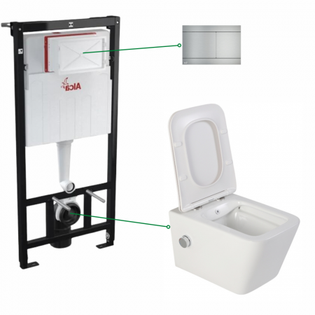 Seturi vas WC suspendat cu rezervor incastrat si clapeta - Set vas wc suspendat cu functie de bideu si cu baterie crom inclusa Foglia Safari, rezervor wc incastrat cu clapeta aluminiu mat, Alcaplast
