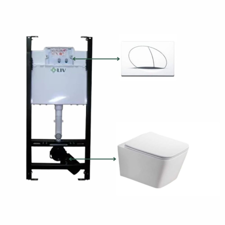 Outlet - Set vas wc suspendat, dreptunghiular, capac softclose, alb lucios, Foglia Safari, rezervor incastrat Liv Jog si clapeta alb mat Selenite Duo