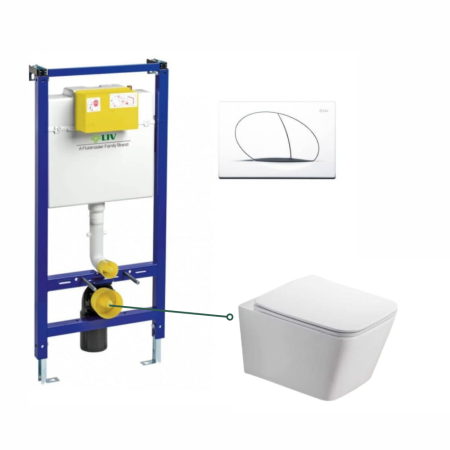 Seturi vas WC suspendat cu rezervor incastrat si clapeta - Set vas wc suspendat, dreptunghiular, capac softclose, alb lucios, Foglia Safari, rezervor incastrat Liv Jog si clapeta alb mat Selenite Duo