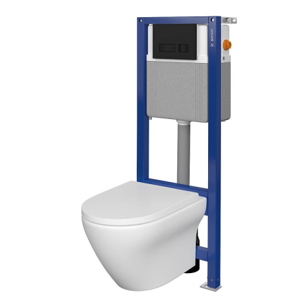 Seturi vas WC suspendat cu rezervor incastrat si clapeta - Set vas wc suspendat Larga Oval CleanOn cu capac soft close, rezervor incastrat si clapeta negru mat