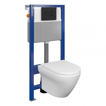 Set vas wc suspendat Larga Oval CleanOn cu capac soft close, rezervor incastrat si clapeta pneumatica negru mat [1]