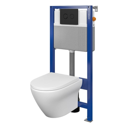 Seturi vas WC suspendat cu rezervor incastrat si clapeta - Set vas wc suspendat Larga Oval CleanOn cu capac soft close, rezervor incastrat si clapeta pneumatica negru mat
