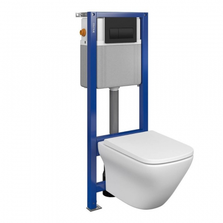 Seturi vas WC suspendat cu rezervor incastrat si clapeta - Set vas wc suspendat Larga Square CleanOn cu capac soft close, rezervor incastrat si clapeta negru mat