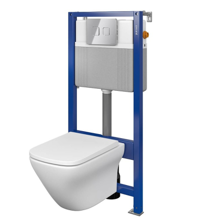 Seturi vas WC suspendat cu rezervor incastrat si clapeta - Set vas wc suspendat Larga Square CleanOn cu capac soft close, rezervor incastrat si clapeta pneumatica crom lucios