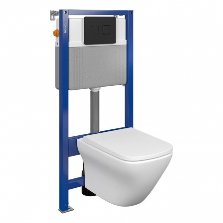 Seturi vas WC suspendat cu rezervor incastrat si clapeta - Set vas wc suspendat Larga Square CleanOn cu capac soft close, rezervor incastrat si clapeta pneumatica negru mat