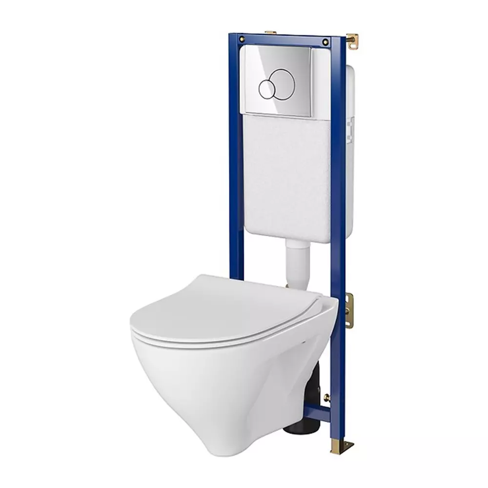 Baie - Set vas wc suspendat Mille CleanOn cu capac soft close, rezervor incastrat si clapeta crom lucios Base