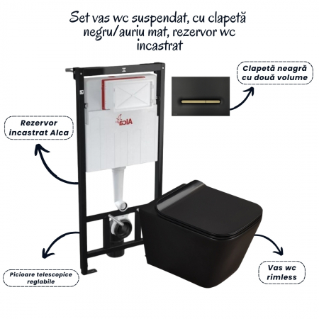 Set vas wc suspendat negru cu capac Fluminia Paris, rezervor si clapeta negru/auriu mat Alcaplast M1878-7 [1]