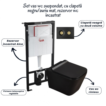 Set vas wc suspendat negru cu capac Fluminia Paris, rezervor si clapeta negru/auriu mat Alcaplast M1978-7 [1]
