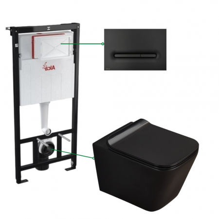 Seturi vas WC suspendat cu rezervor incastrat si clapeta - Set vas wc suspendat negru cu capac Fluminia Paris, rezervor si clapeta negru mat Alcaplast M1878