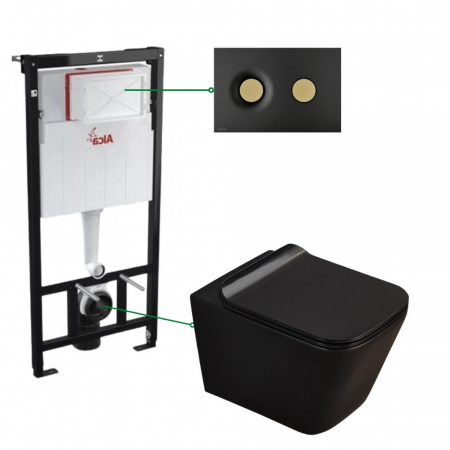 Seturi vas WC suspendat cu rezervor incastrat si clapeta - Set vas wc suspendat negru cu capac Fluminia Paris, rezervor si clapeta negru/auriu mat Alcaplast M1978-7