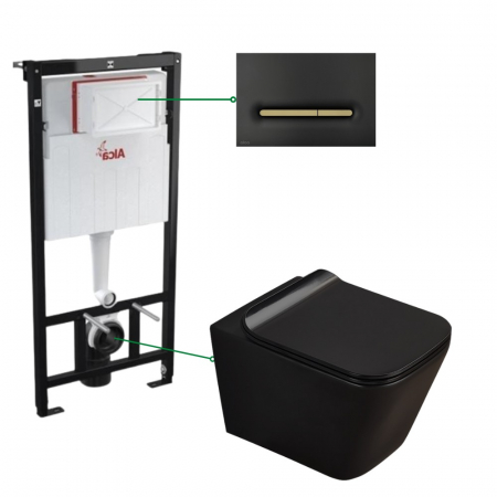 Seturi vas WC suspendat cu rezervor incastrat si clapeta - Set vas wc suspendat negru cu capac Fluminia Paris, rezervor si clapeta negru/auriu mat Alcaplast M1878-7