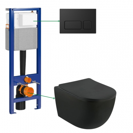 Seturi vas WC suspendat cu rezervor incastrat si clapeta - Set vas wc suspendat negru cu capac soft close Oslo, rezervor incastrat si clapeta negru mat Cersanit Block