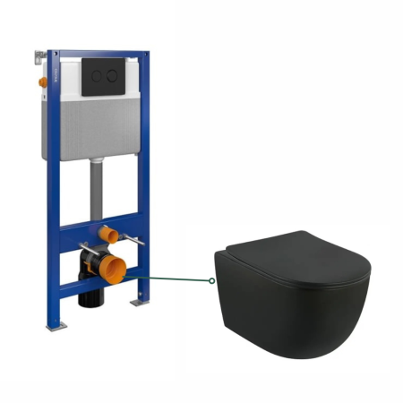 Seturi vas WC suspendat cu rezervor incastrat si clapeta - Set vas wc suspendat, negru mat, cu capac soft close Foglia Oslo, rezervor incastrat cu clapeta de actionare negru mat, Cersanit System 51 Pneu S