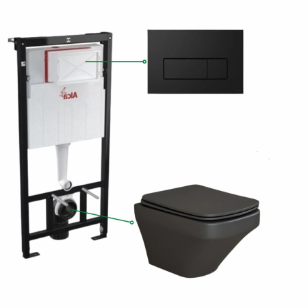 Seturi vas WC suspendat cu rezervor incastrat si clapeta - Set vas wc suspendat negru mat,rimless, Foglia Bristol si rezervor incastrat Alcaplast, cu clapeta de actionare negru mat Cersanit Opti B1