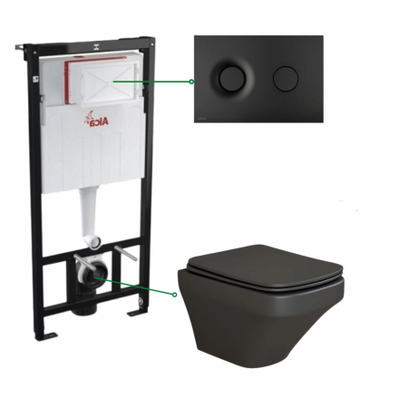 Seturi vas WC suspendat cu rezervor incastrat si clapeta - Set vas wc suspendat negru mat,rimless, Foglia Bristol si rezervor incastrat cu clapeta de actionare negru mat, Alcadrain