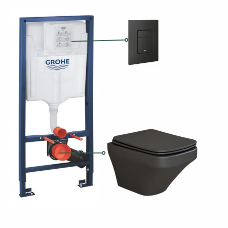 Set vas wc  suspendat negru mat,rimless, Foglia Bristol si rezervor incastrat Grohe Solido 3 in 1 cu clapeta neagra mata Even [0]