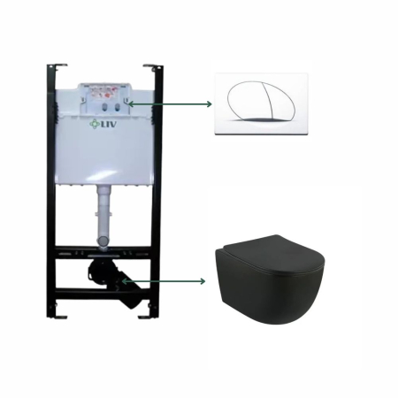 Outlet - Set vas wc suspendat, negru mat rotund, capac soft close Foglia Oslo, rezervor incastrat Liv Jog si clapeta alb mat Selenite Duo