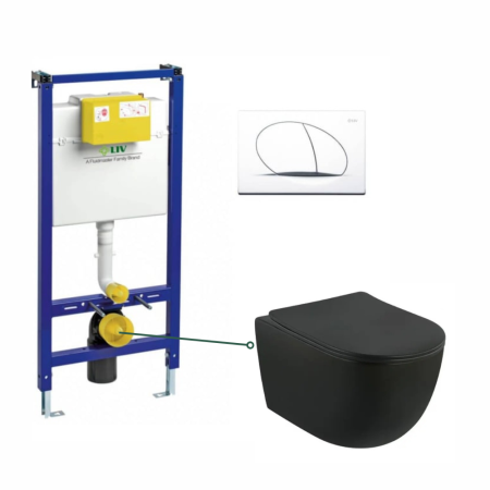 Seturi vas WC suspendat cu rezervor incastrat si clapeta - Set vas wc suspendat, negru mat rotund, capac soft close Foglia Oslo, rezervor incastrat Liv Jog si clapeta alb mat Selenite Duo