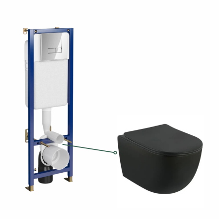 Obiecte sanitare - Set vas wc suspendat, negru mat rotund cu cu capac soft close Foglia Oslo, rezervor incastrat, clapeta actionare dubla Tech Line Base Smart crom lucios Cersanit